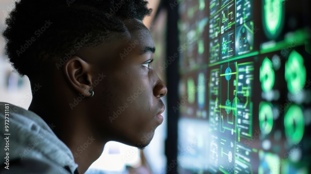 Poster a man is looking at a computer screen with a lot of numbers and graphs