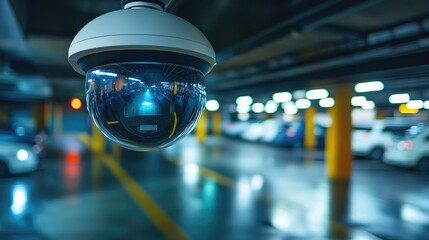 Advanced security cameras monitoring a modern parking garage, emphasizing safety, surveillance, and security technology