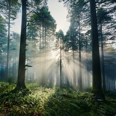 Obraz premium Serene Forest Scene with Tall Trees, Sunlight Beams Through Fog, and Mysterious Creatures in the Background