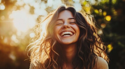 Fototapeta premium Joyful woman smiles brightly in sunlight surrounded by greenery during a serene outdoor moment