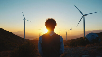 Engineer looking at the sunset in front of wind turbines, enjoying the success of his renewable energy project