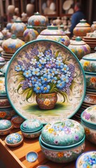 Fototapeta premium italienische Töpferwaren mit einem Vergissmeinnicht Motiv auf einem Markt in Italien