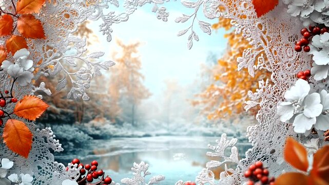in frame: rococo porcelain cup, filled with steaming coffee, autumn time, moutain with snow, beautiful fir forest, Seamless looping 4k time-lapse animation video background