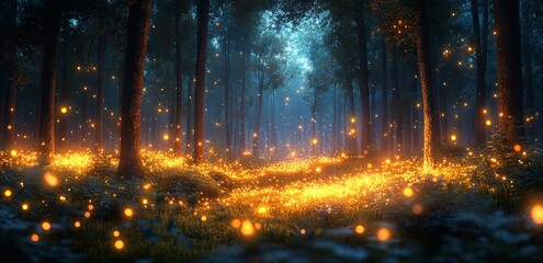 Enchanted Forest at Night with Fireflies. AI generated illustration