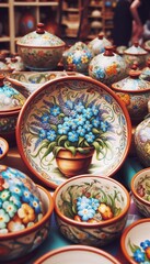 italienische Töpferwaren mit einem Vergissmeinnicht Motiv auf einem Markt in Italien