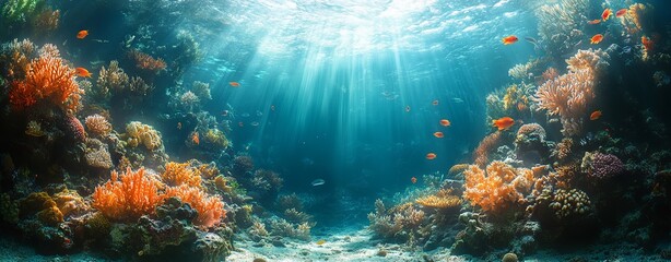 Sunlit Coral Reefs and Fish Underwater. AI generated illustration