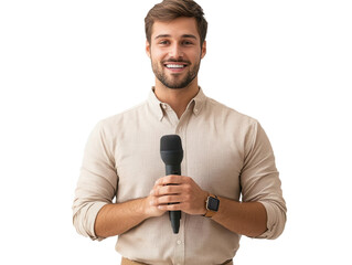 A confident man holding a microphone, ready to engage an audience with his speech. Ideal for presentations, podcasts, and events.