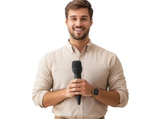 A confident man holding a microphone, ready to engage an audience with his speech. Ideal for presentations, podcasts, and events.