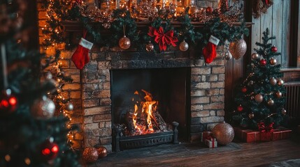 A cozy fireplace decorated for Christmas, adorned with stockings, garlands, and festive lights, creating a warm holiday atmosphere.