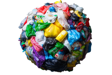 Large ball of colorful plastic waste isolated on a transparent background, perfect for environmental awareness, recycling, and sustainability projects
