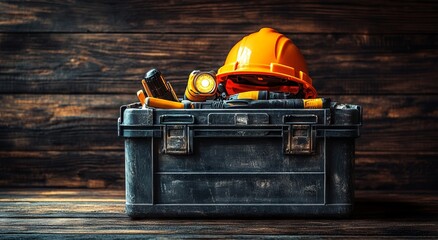 Fototapeta premium Toolbox with Hard Hat and Flashlights on Wooden Background. AI generated illustration