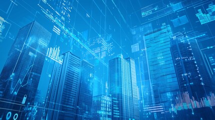 Obraz premium Abstract image of buildings overlaid with financial data graphs, symbolizing real estate market analysis on a blue background