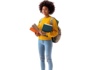 Cheerful student holding books with a backpack, ready for school, showcasing a positive learning environment and youthful energy.