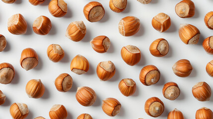 Small nuts on a white background. Texture for background, wallpaper, poster, banner, card. View from above.
