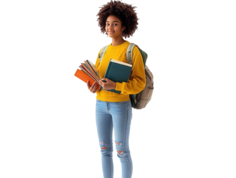 Cheerful student holding books with a backpack, ready for school, showcasing a positive learning environment and youthful energy.