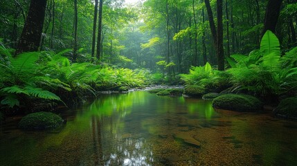 Serene forest landscape with a tranquil stream and lush greenery.