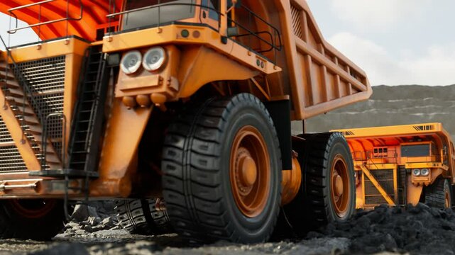 Heavy Duty Yellow Dump Trucks Going One by One, Transporting Loads Through Digging Site