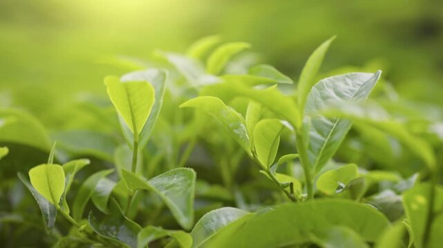 Tea leaves in the morning sun. Fresh green tea leaves swaying in the wind on tea bush. Tea plantations in Cameron Highlands, Malaysia. Shallow DOF
