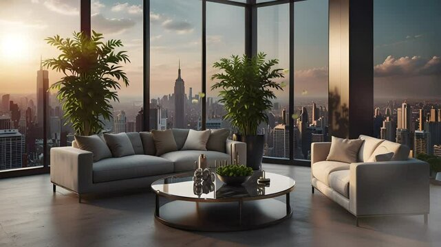 A lounge area on the rooftop of a luxury apartment hotel. Seamless 4K looping timelapse video animation background