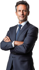 Confident businessman in a suit crossing arms, exuding professionalism and charisma, ideal for corporate or business themes.