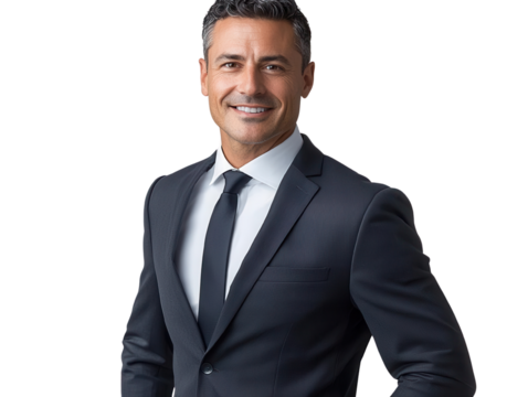 Confident businessman in a sleek suit, smiling and posing. Ideal for corporate themes and professional projects.