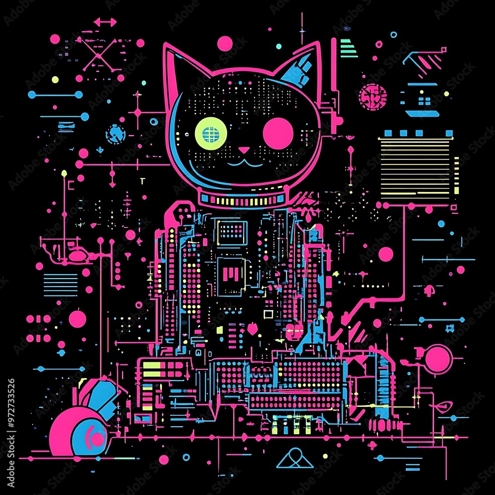 Aufkleber neon cat robot in a futuristic world of lines and shapes