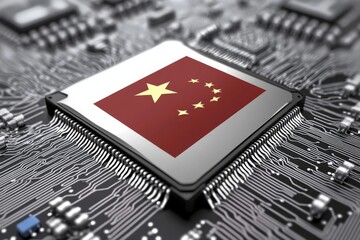 A close-up view of a microchip featuring the flag of China, highlighting the intersection of technology and national identity in modern electronics