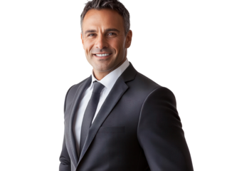 Confident businessman wearing a suit, smiling, showcasing professionalism and approachability in a corporate environment.