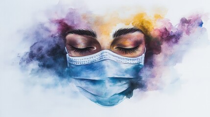 A woman with closed eyes wearing a mask surrounded by colorful abstract art illustrating feelings of tranquility and resilience