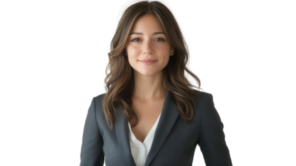 Confident businesswoman in a professional suit, smiling and ready for success, perfect for corporate and lifestyle imagery.
