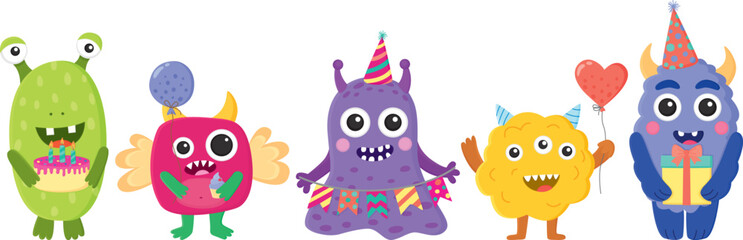 Colorful llustration of cute monsters with party objects. Set of fun hand-drawn birthday characters 	