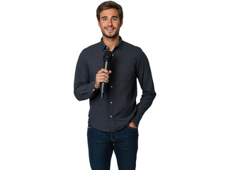 Confident young man holding a microphone, ready to engage an audience. Ideal for public speaking, hosting, or interview themes.