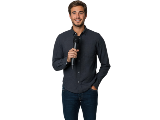 Confident young man holding a microphone, ready to engage an audience. Ideal for public speaking, hosting, or interview themes.
