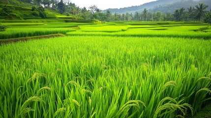 Fototapeta premium Lush green rice paddies with young rice plants.