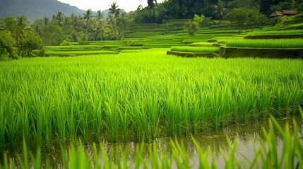 Lush green rice paddies with young rice plants. 