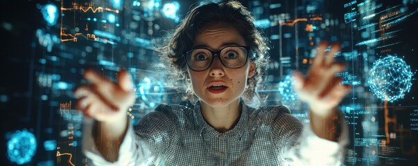 Confident female scientist in glasses analyzing digital data in a high-tech laboratory with futuristic holographic interface