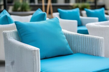 There is a white rattan garden furniture set with a blue cushion on the terrace of a resort.