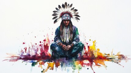 Fototapeta premium A Native American leader sits calmly in traditional attire, featuring a feathered headdress