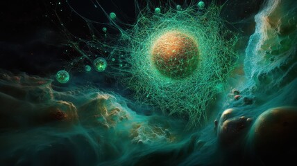 Fototapeta premium Abstract Cosmic Scene with Glowing Spheres and Interwoven Green Energy in Deep Space