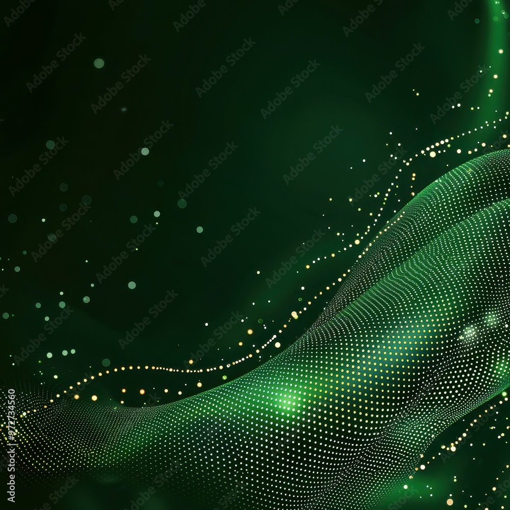 Poster abstract green wave with dots and glow effects creating a dynamic digital background.