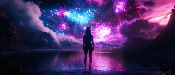 Fototapeta premium Silhouette of a Person Standing by a Lake Under a Vibrant, Starry Night Sky with Colorful Nebulae and Clouds