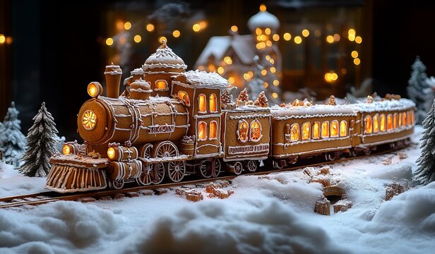 Gingerbread Train with Christmas Decorations on Snowy Railway - AI generated illustration
