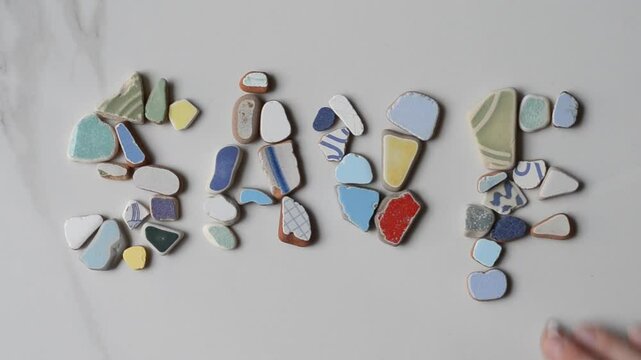 Save. Collage of letters. Creative approach, creative thinking. Mosaic elements. Hand made hobby ideas. Save Planet.