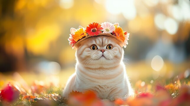 A charming cat adorned with a flower crown relaxes in a colorful autumn setting filled with fallen leaves and warm sunlight
