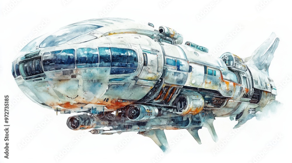 Poster a futuristic spacecraft designed for outer space travel soaring through an unknown galaxy amidst cel