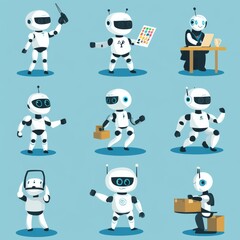 Humanoid robots engaged in various activities, tasks, and entertainment