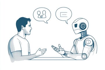 The concept of stocks and technologies. Attractive young man developer chatting and talking to a robot while making research at a modern laboratory.