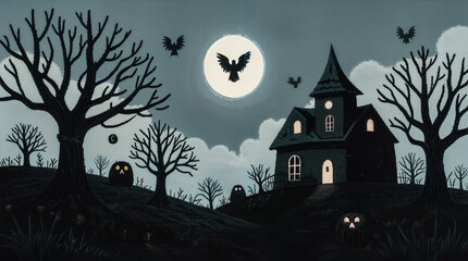 Fototapeta premium Haunted House & Halloween Night. Spooky Haunted House on Halloween Night: Dark Silhouettes of Trees, Owls, and a Raven Under a Full Moon.