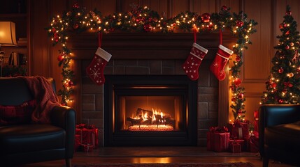 Decorating a mantle with garlands, stockings, and Christmas lights, with a cozy fireplace below. 4K hyperrealistic photo.
