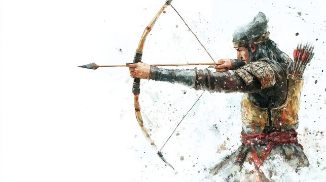 Warrior archer aiming a bow with precision in a dynamic pose against a splattered background